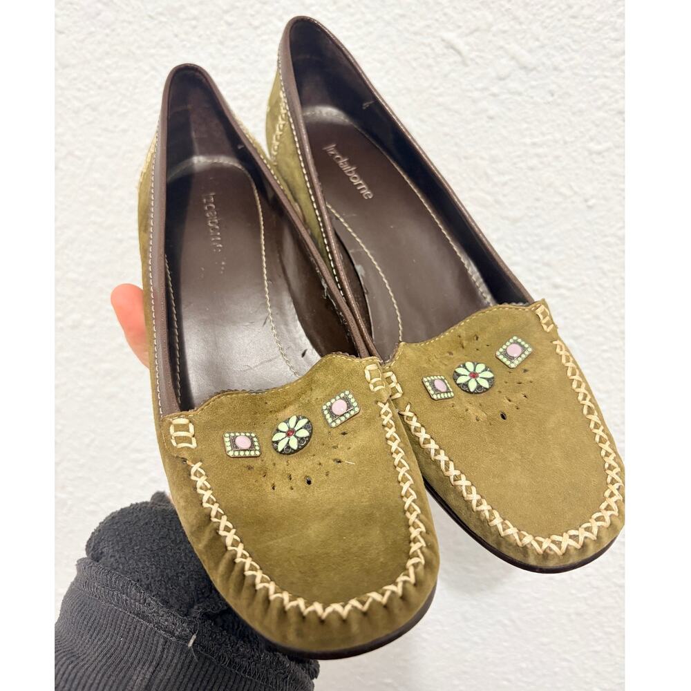 Vintage Liz Claiborne Chartreuse Suede Pumps Beaded Moccasin 90s Fairy Cottage
